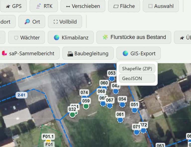 Kartenansicht in Arbovia mit geöffnetem Menü GIS-Export: Shapefile und GeoJSON