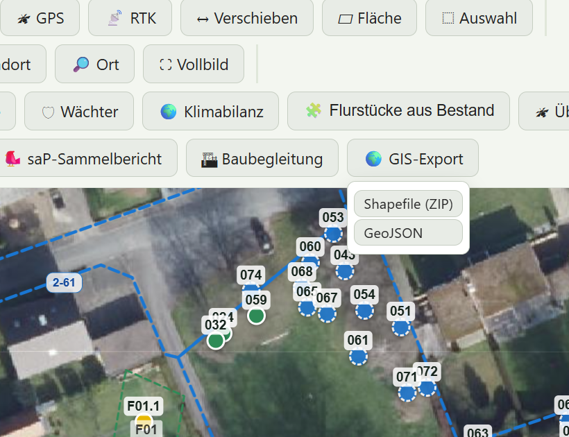 Exportdialog mit Shapefile, GeoPackage und GeoJSON sowie WFS-Adresse