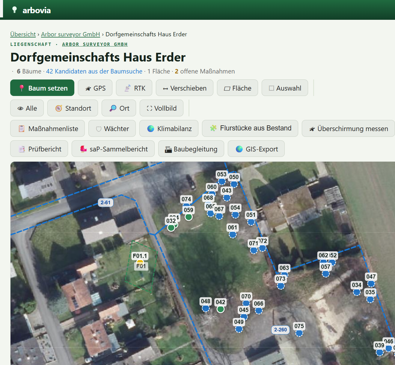 Kartenansicht des Baumkatasters Arbovia mit erfassten Baumstandorten