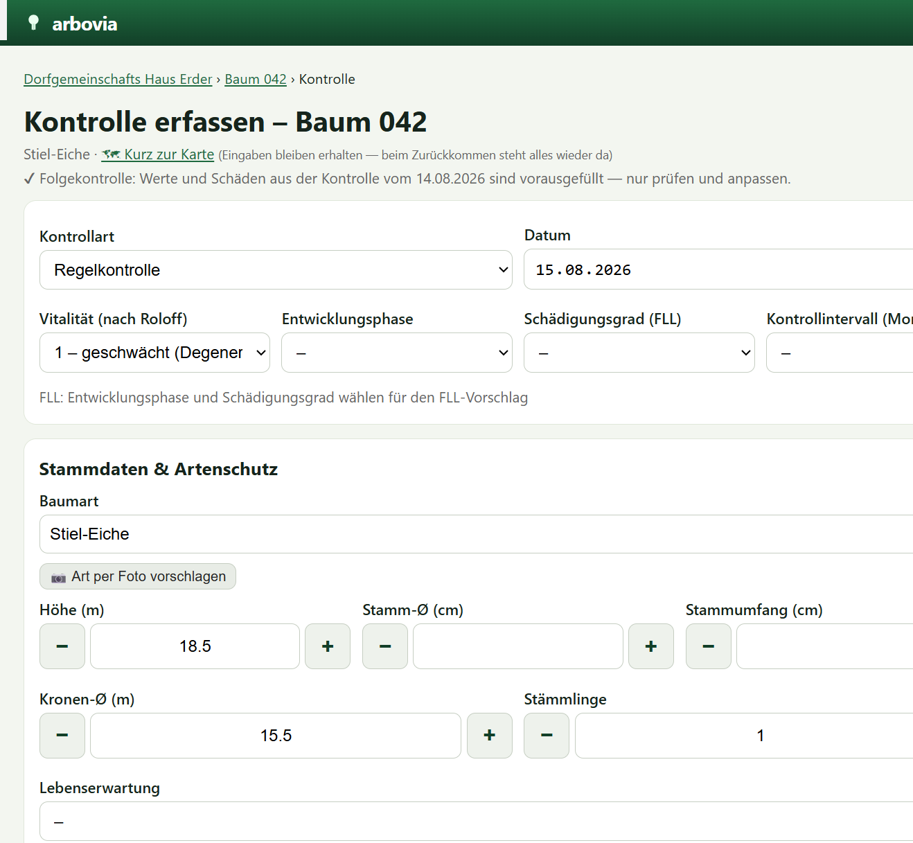 Kontrollformular nach FLL mit Befunderfassung