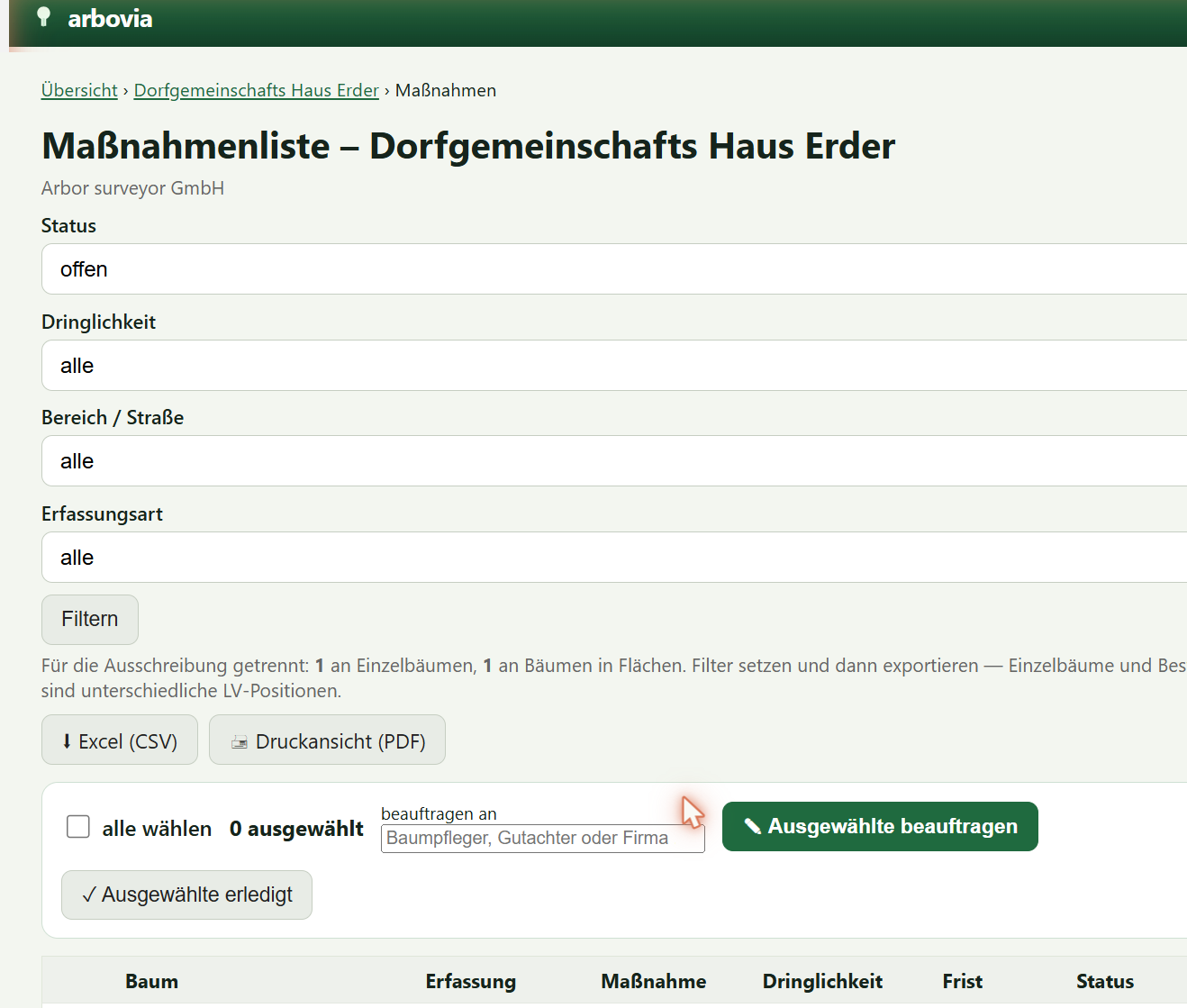 Maßnahmenmanager mit Filtern und Statusübersicht