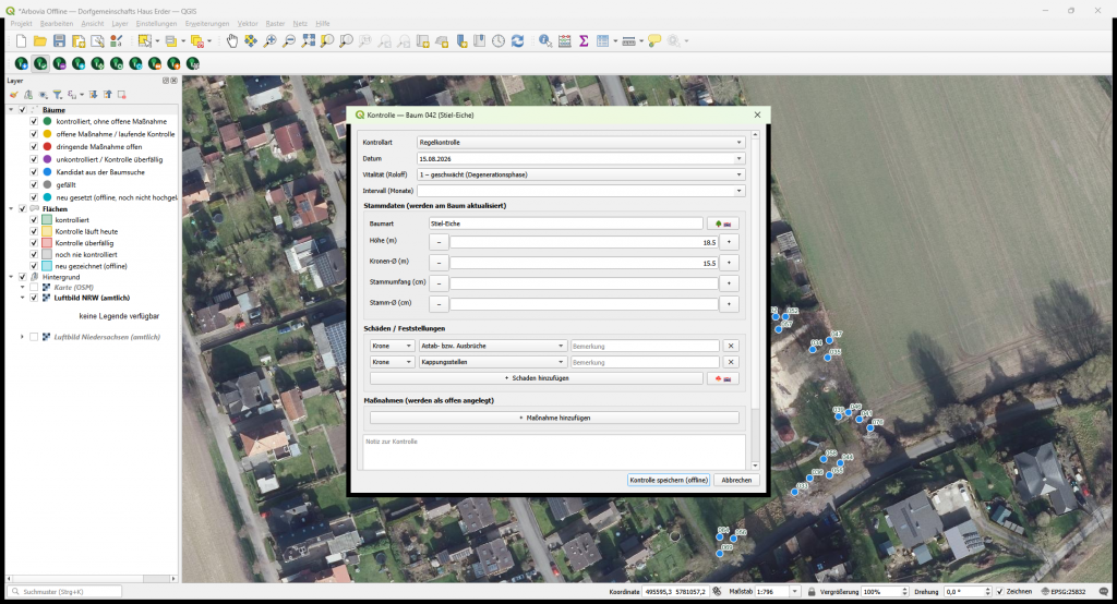Kontrollformular im Arbovia-Plugin für QGIS mit Offline-Speichern