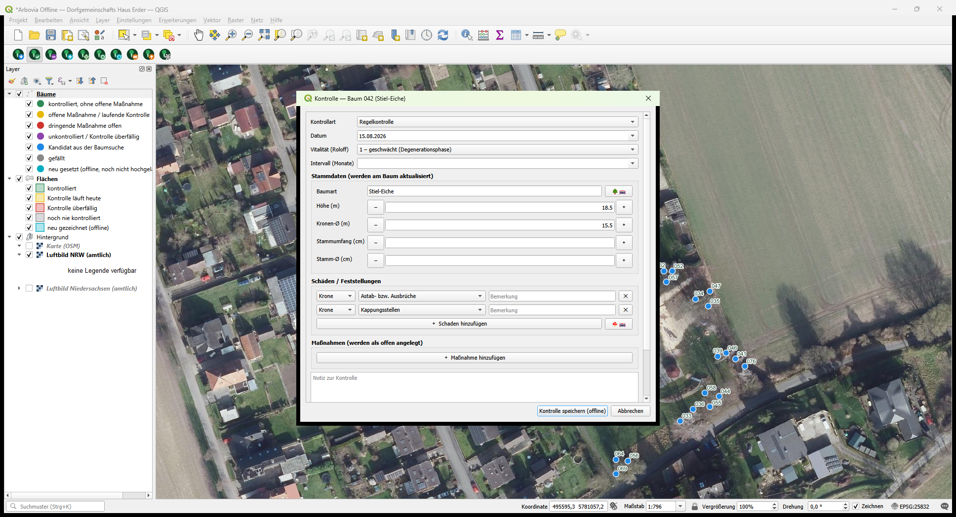 Kontrollformular im Arbovia-Plugin für QGIS mit Offline-Speichern