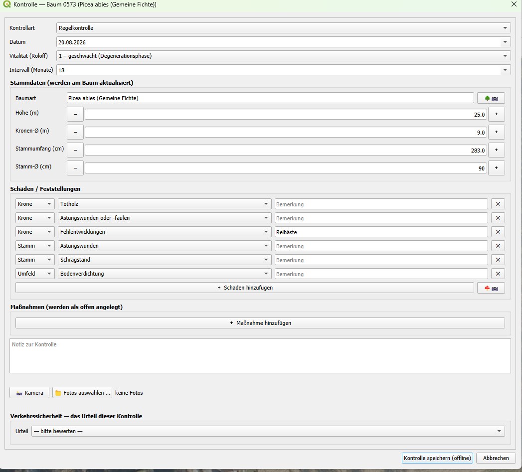 FLL-Kontrollformular des Arbovia-Plugins in QGIS mit Pflicht-Urteil zur Verkehrssicherheit