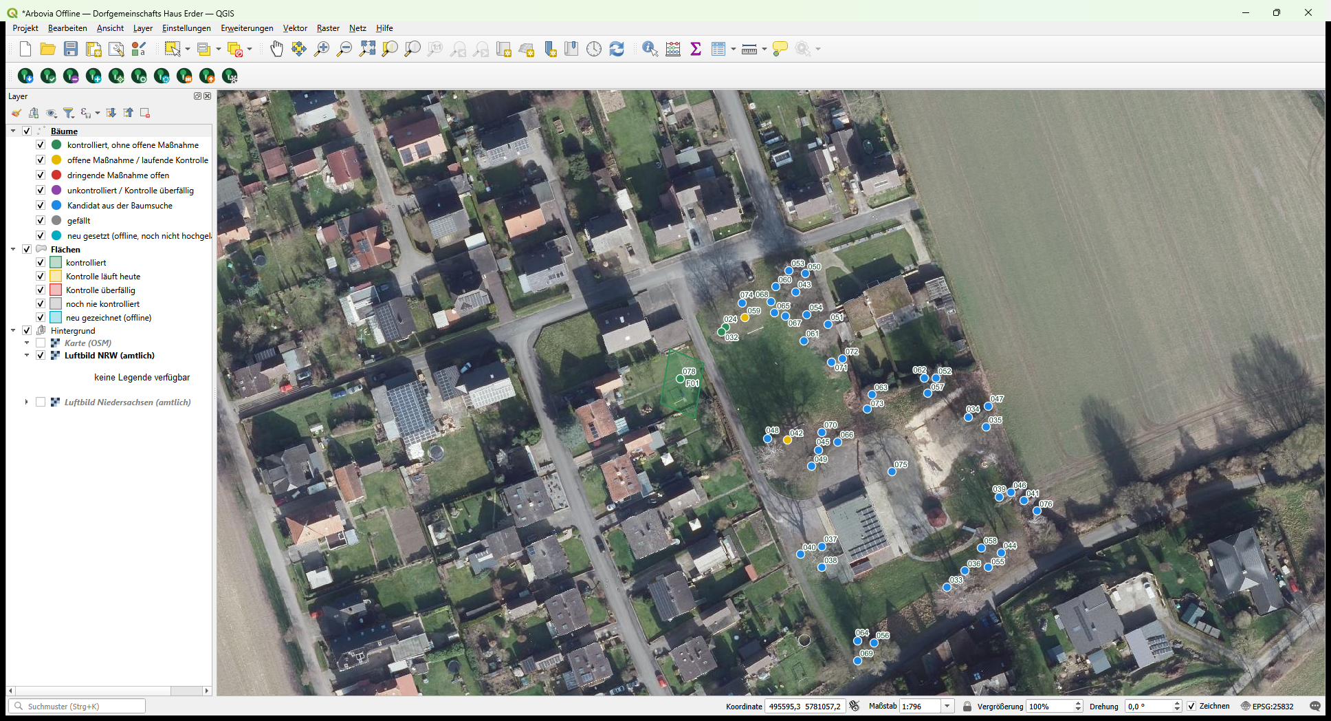 QGIS mit geöffnetem Arbovia-Plugin und geladenem Baumbestand