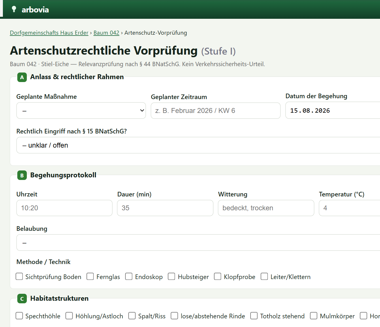 Formular der artenschutzrechtlichen Vorprüfung Stufe I mit Begehungsprotokoll und Artengruppen-Abschichtung