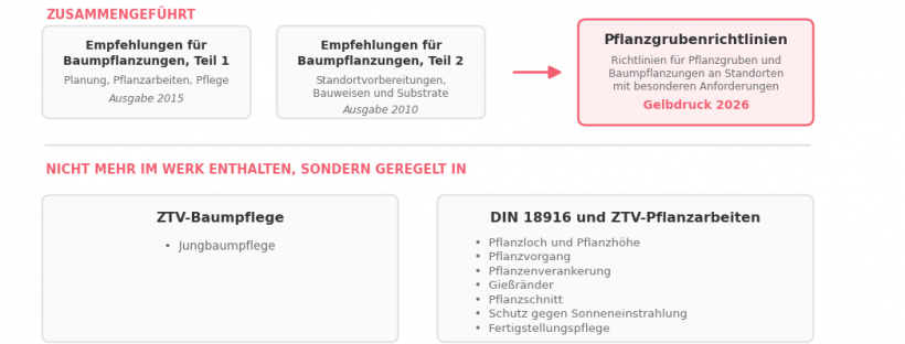 Schaubild: Die FLL-Empfehlungen für Baumpflanzungen Teil 1 (2015) und Teil 2 (2010) werden zu den Pflanzgrubenrichtlinien 2026 zusammengeführt; Jungbaumpflege, Pflanzloch, Pflanzvorgang, Verankerung, Gießränder, Pflanzschnitt, Sonnenschutz und Fertigstellungspflege sind künftig in ZTV-Baumpflege, DIN 18916 und ZTV-Pflanzarbeiten geregelt.