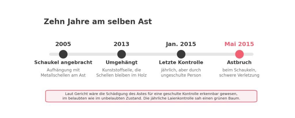Schematische Zeitleiste zum Fall LG Lübeck 9 O 112/23: Schaukel mit Metallschellen 2005, Umhängen 2013, letzte Laienkontrolle Januar 2015, Astbruch Mai 2015