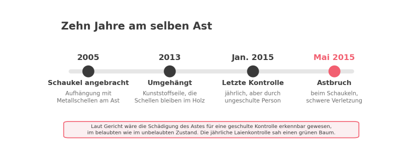 Schematische Zeitleiste zum Fall LG Lübeck 9 O 112/23: Schaukel mit Metallschellen 2005, Umhängen 2013, letzte Laienkontrolle Januar 2015, Astbruch Mai 2015
